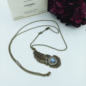 Peacock Feather & Arrow Long Necklace Crystal & Faceted Faux Stone Embellished